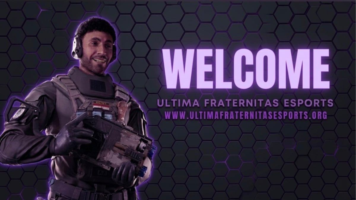 Esports team welcome banner featuring a soldier in tactical gear with purple neon lighting and hexagon background pattern